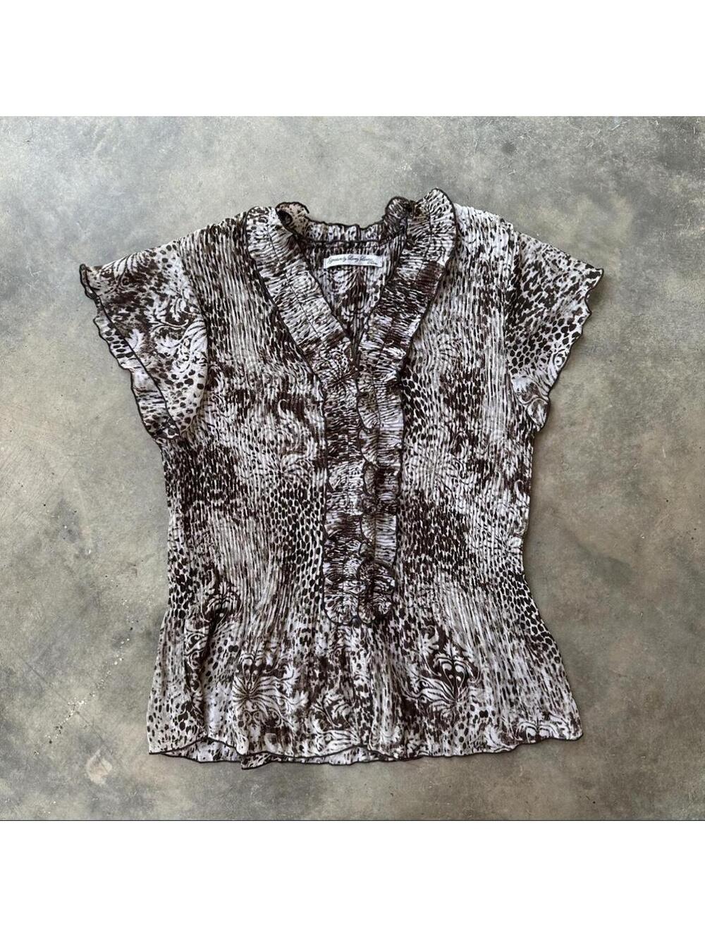 Y2K brown and beige leopard print blouse with ruffles and button up front
